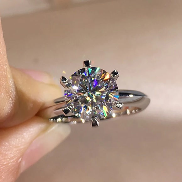 Round Cut Pure Diamond 925 Silver Solitaire Ring - Picture 9 of 16